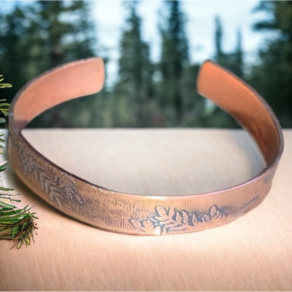 Forest treasure etched copper bracelet